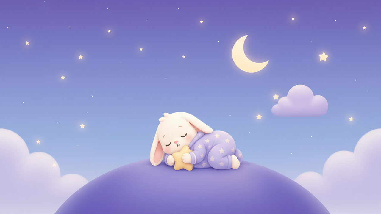 A sleeping bunny resting on a small hill under a crescent moon and a starry twilight sky